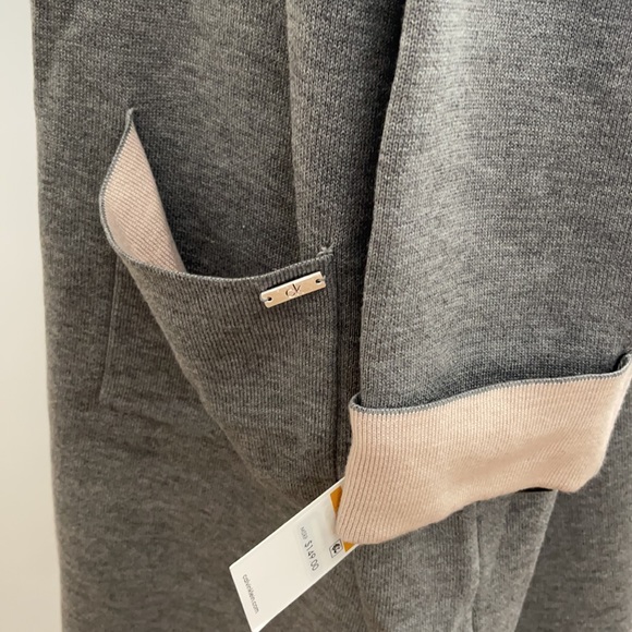Calvin Klein Gray Open Front Long Knit Cardigan w/Contrast Color - Picture 10 of 10